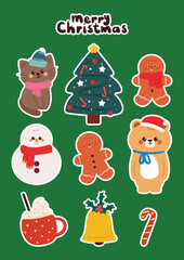 cute hand drawing cartoon bear, cat and Christmas element for Christmas sticker. cute Christmas sticker sheet