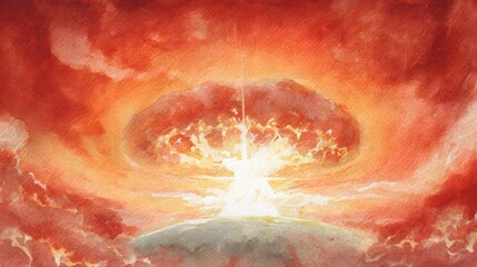 Catastrophic Earth Explosion Watercolor Illustration Fiery Destruction Global Impact Dramatic Artistic Scene