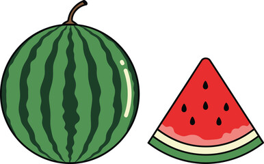 Simple vector icon graphic of whole and sliced watermelon fresh fruit design Vector illustration