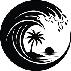Tropical ocean wave and palm tree silhouette circle logo summer travel design Vector illustration