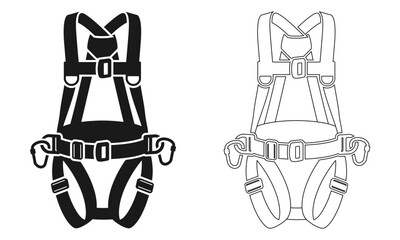 silhouette of full body harness with carabiner, vector illustration isolated on white background.
