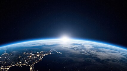 Earth from Space at Sunrise with City Lights and Cloud Cover Stunning View