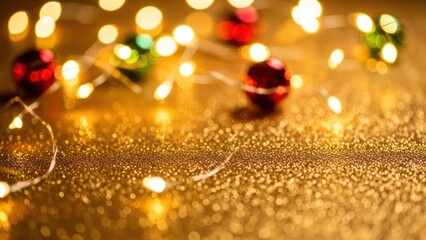 Festive Holiday Decorations with Sparkling Gold Particle Background and Christmas Ornaments