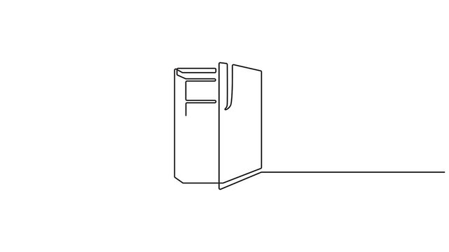 Self animated continuous line drawing of an open refrigerator, Full length single line art animation