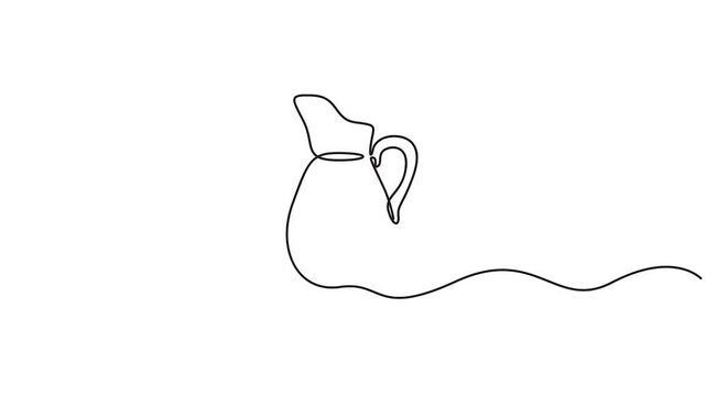 Self animated minimalist continuous one-line drawing of a jug or pitcher. Full length unbroken thin line art illustration