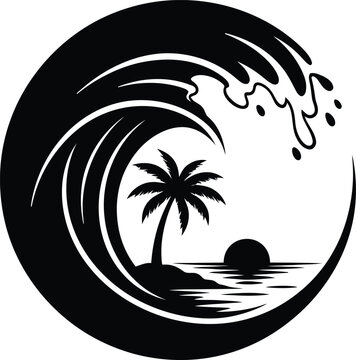 Tropical ocean wave and palm tree silhouette circle logo summer travel design Vector illustration