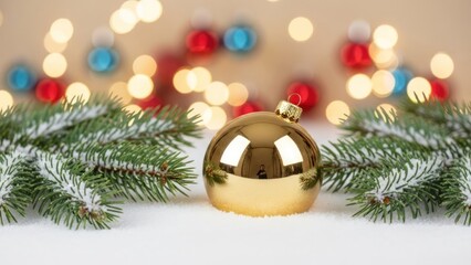 Festive holiday decoration with a golden Christmas ornament surrounded by pine branches and