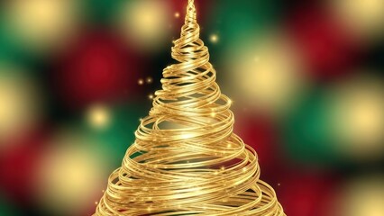 Elegant glowing spiral Christmas tree made of golden light swirls with festive blurred background