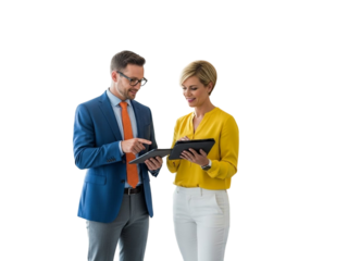 Business professionals collaborating and discussing ideas on a tablet isolated on transparent background