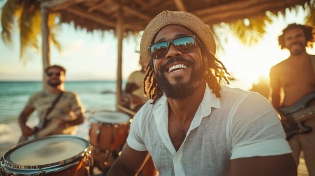 A joyous musician with dreadlocks plays drums against a stunning sunset backdrop, capturing a spirit of happiness and vibrant community through the warmth of music by the ocean. - Powered by Adobe