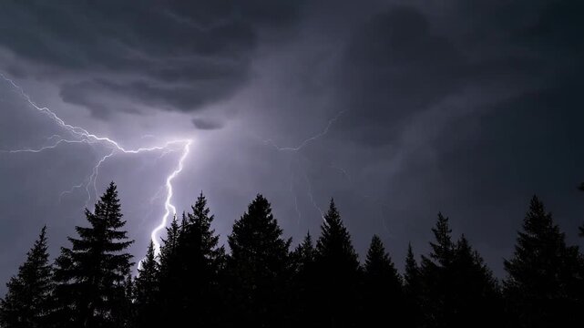 Dramatic lightning strike illuminates a dark stormy night sky over the silhouette of a dense pine forest during a powerful nocturnal thunderstorm.