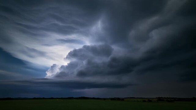 Intense Supercell Thunderstorm Cloud Structure with Lightning Strike Over Dark Fields at Night Showing the Power and Drama of Extreme Weather.