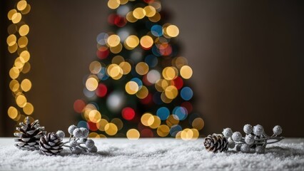 Festive holiday scene with pinecones and snow-covered decorations in front of blurred Christmas