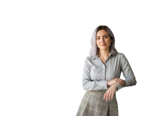 Businesswoman with purple hair standing confidently isolated on transparent background
