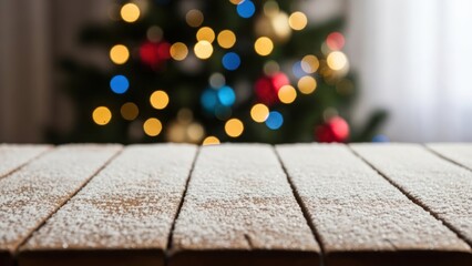 Close-up of wooden table with powdered sugar in front of blurred decorated Christmas tree indoor