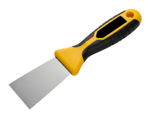 A putty knife with a yellow and black handle isolated on transparent background