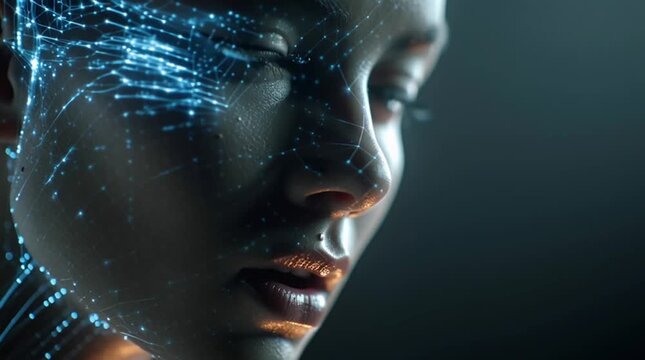 Modern digital human avatar rotating slightly and blinking under soft studio lighting, conveying futuristic, polished brand aesthetic for tech, marketing, and digital presentations.
