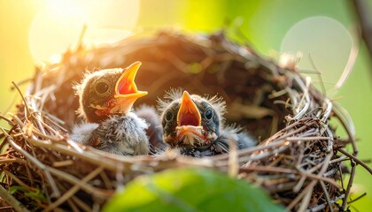 Fototapeta premium Close-up of baby birds in nest with open beaks, surrounded by green foliage and warm sunlight.