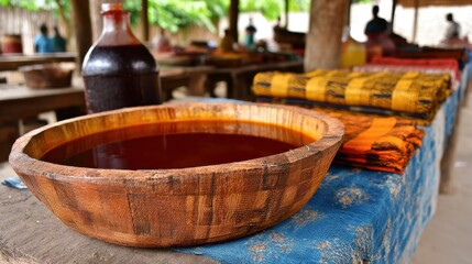 Closeup of natural dye extraction in medium shot showcasing earthy tones and blurred plants in background emphasizing ecofriendly fabric coloring process.