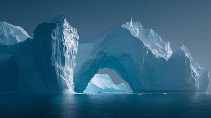 Towering iceberg structures resembling cathedral arches, cold blue light, epic scale