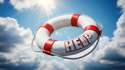 Symbolic Lifebuoy with the word Help Floating Against a Bright Sky Background