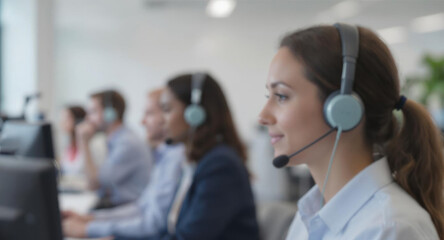 A group of call center agents sits at desks wearing headsets. They focus on their tasks and communicate with clients in a busy, bright office environment