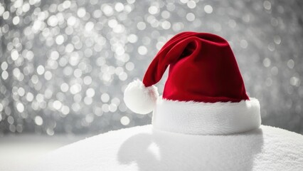Festive Santa Hat Resting on Snow with Glittering Bokeh Background