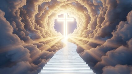 Heavenly light shining through clouds with a glowing cross at the end of a stairway symbolizing