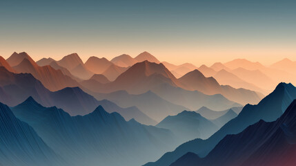 Obraz premium Ultra-wide desktop wallpaper of abstract alpine mountains formed from smooth geometric planes, soft sunrise gradients