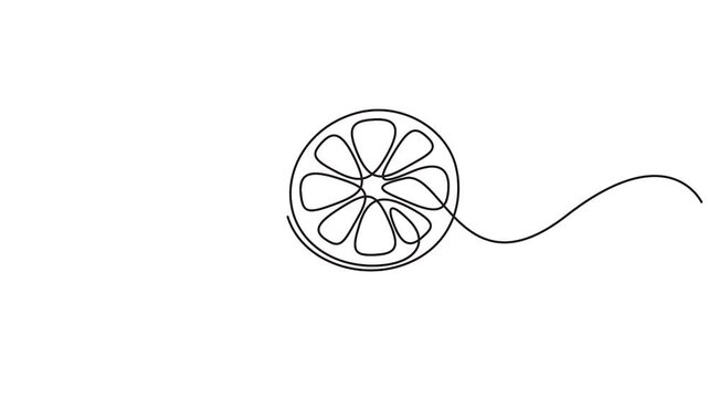 Self animated continuous one-line drawing illustration of a citrus fruit slice, potentially a lemon, lime, or orange