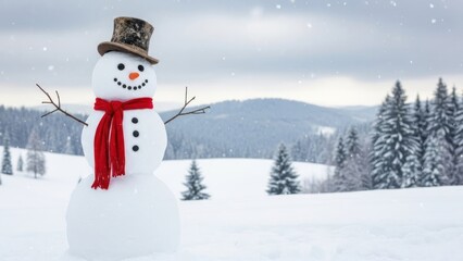 Cheerful snowman with a top hat and red scarf in snow-covered winter landscape