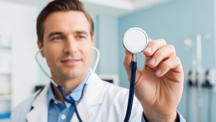 Medical professional examining with stethoscope in clinical setting during health checkup