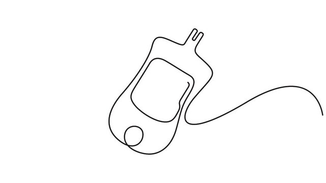 Self animated continuous line drawing of a blood glucose meter. Full length single line art animation