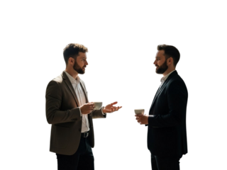 Two businessmen in suits talking and holding coffee cups isolated on transparent background