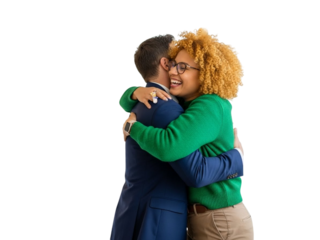 Diverse couple sharing a warm and loving hug isolated on transparent background
