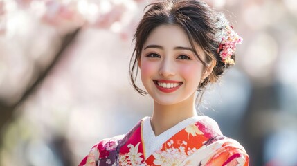 Asian woman wearing a colorful kimono stands under blooming cherry blossom trees, smiling brightly, embodying the spirit of spring and cultural celebration in a serene outdoor setting
