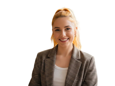 Blonde woman smiling and looking forward isolated on transparent background