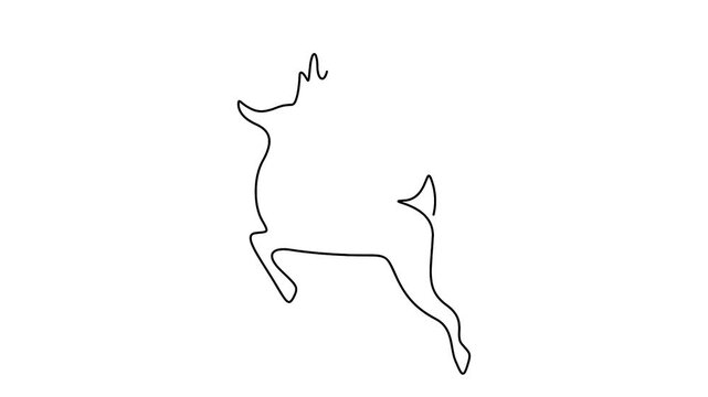 Self animated minimalist, continuous one-line drawing of a jumping deer or reindeer. Full length single line minimalist style drawing vector illustration
