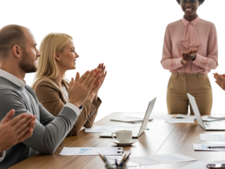 Business team applauding and celebrating success in meeting room isolated on transparent background