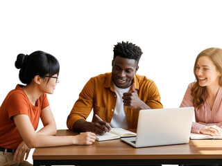 Diverse group of young adults collaborating and discussing ideas at wooden desk isolated on transparent background