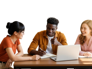 Diverse group of young adults collaborating and discussing ideas at wooden desk isolated on transparent background