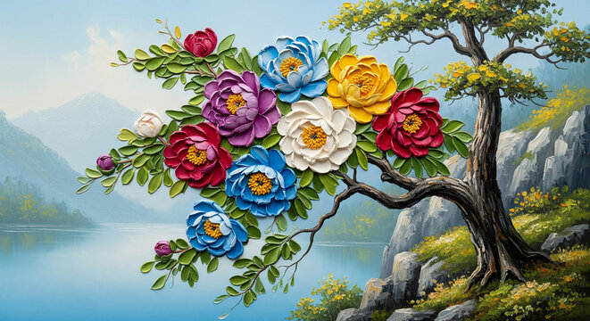Colorful Peony Flowers over Blue Lake Oil Painting 3D Wall Mural. floral landscapes. 3d floral art, floral wallpaper, Luxurious textile tile wall art