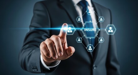 Businessman activating virtual insure network interface on a dark blue screen