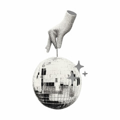Surreal Hand Pinning Disco Ball Globe Abstract Collage Illustration