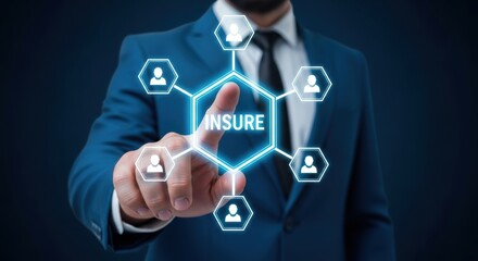 Businessman touching virtual screen with insure network structure on a dark digital background