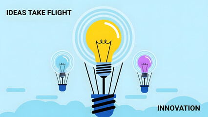 Hot air balloon lightbulbs flying in sky for creative ideas take flight innovation future technology business solution digital transformation startup success and growth progress