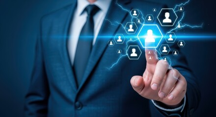 Businessman touching glowing human network interface with lightning bolts on a dark blue background