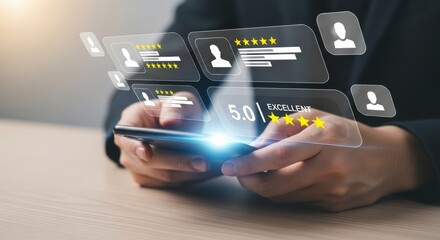 Hands holding smartphone displaying glowing five star customer satisfaction review interface over a desk
