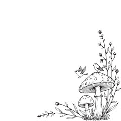 Whimsical Hand Drawn Nature Corner Border With Mushrooms Birds And Floral Elements Ink Sketch Illustration
