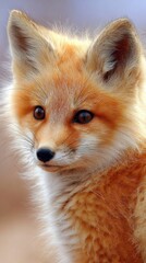 Fototapeta premium cute baby fox portrait, fluffy orange fur, soft daylight, pastel background, vertical